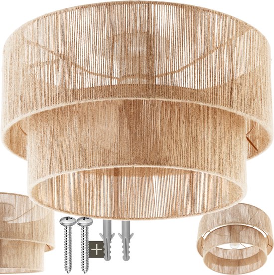 tectake® Plafondlamp Lignea Lux - Hanglamp in Boho stijl - Ø45 x 27,5 cm - Woonkamer Lamp met Lampenkap van Jute - 40W - Decoratieve Hanglampen voor Woonkamer, Slaapkamer, Eetkamer - Bohemian Sfeerlamp