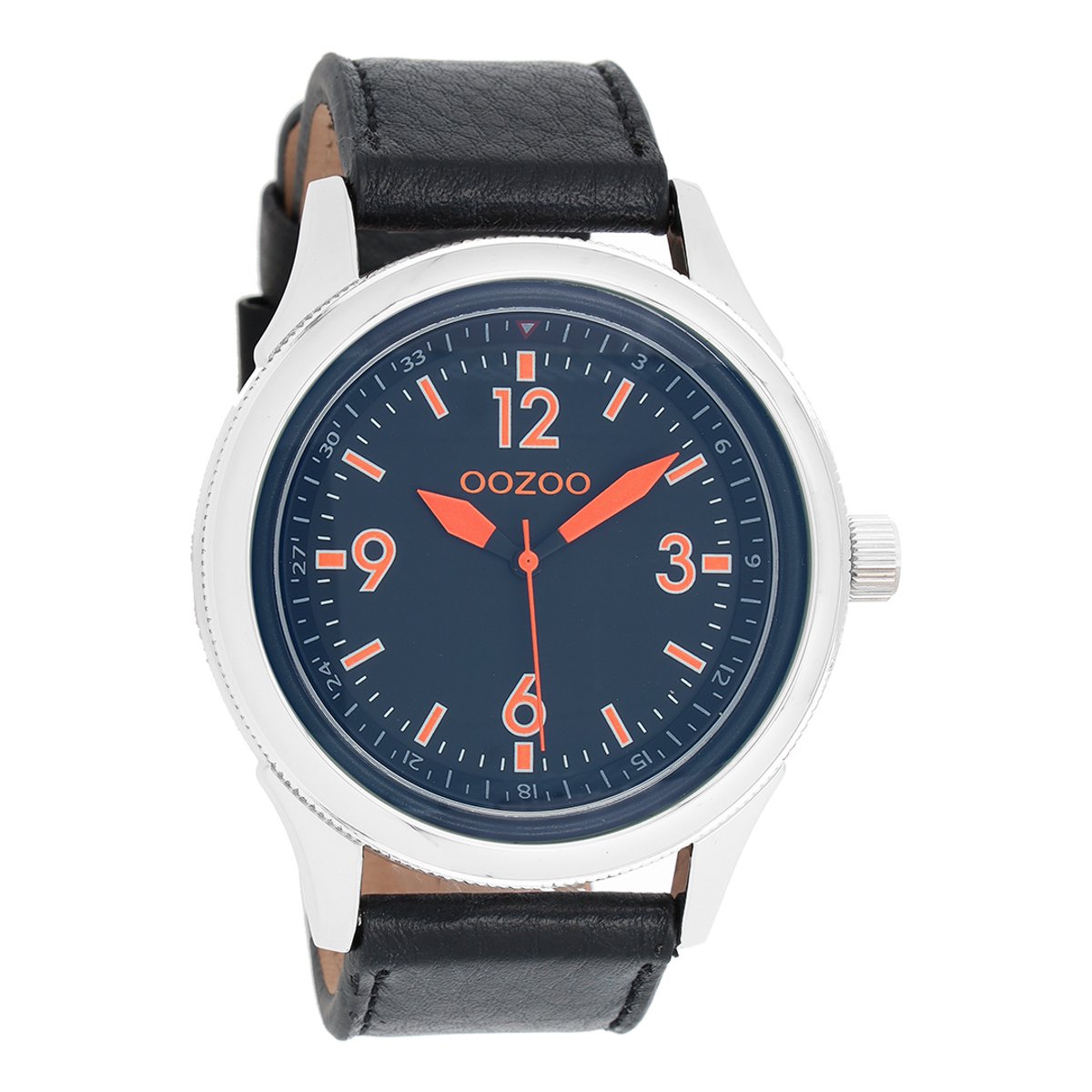 OOZOO Timepieces - Zilverkleurige horloge met zwarte leren band - C7479