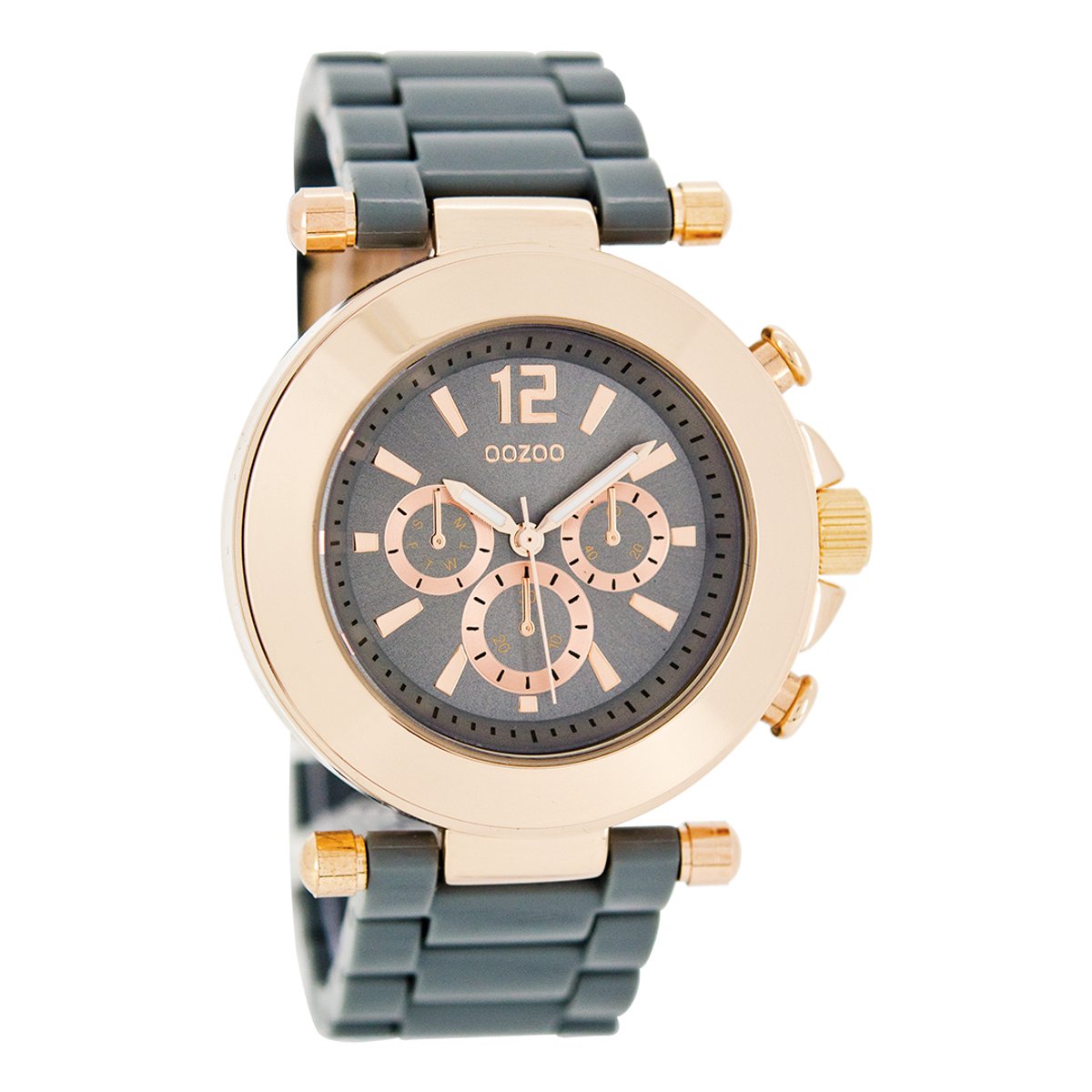 OOZOO Timepieces - Rosé goudkleurige horloge met grijze kunststof horlogeband - C4883