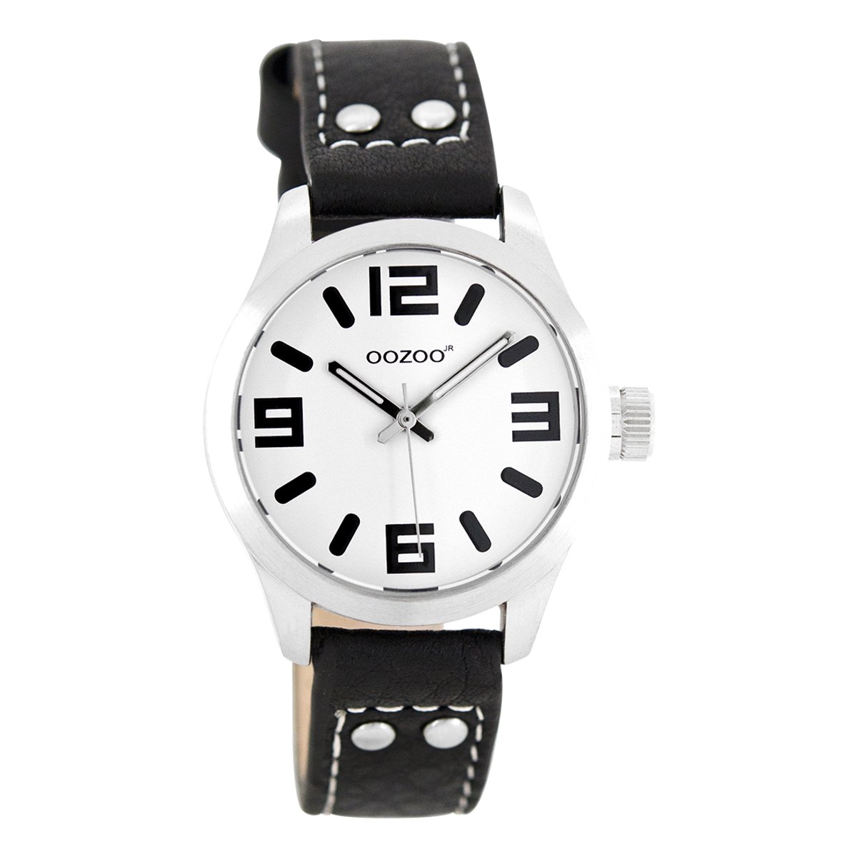 OOZOO Timepieces - Zilverkleurige horloge met zwarte leren band - JR158