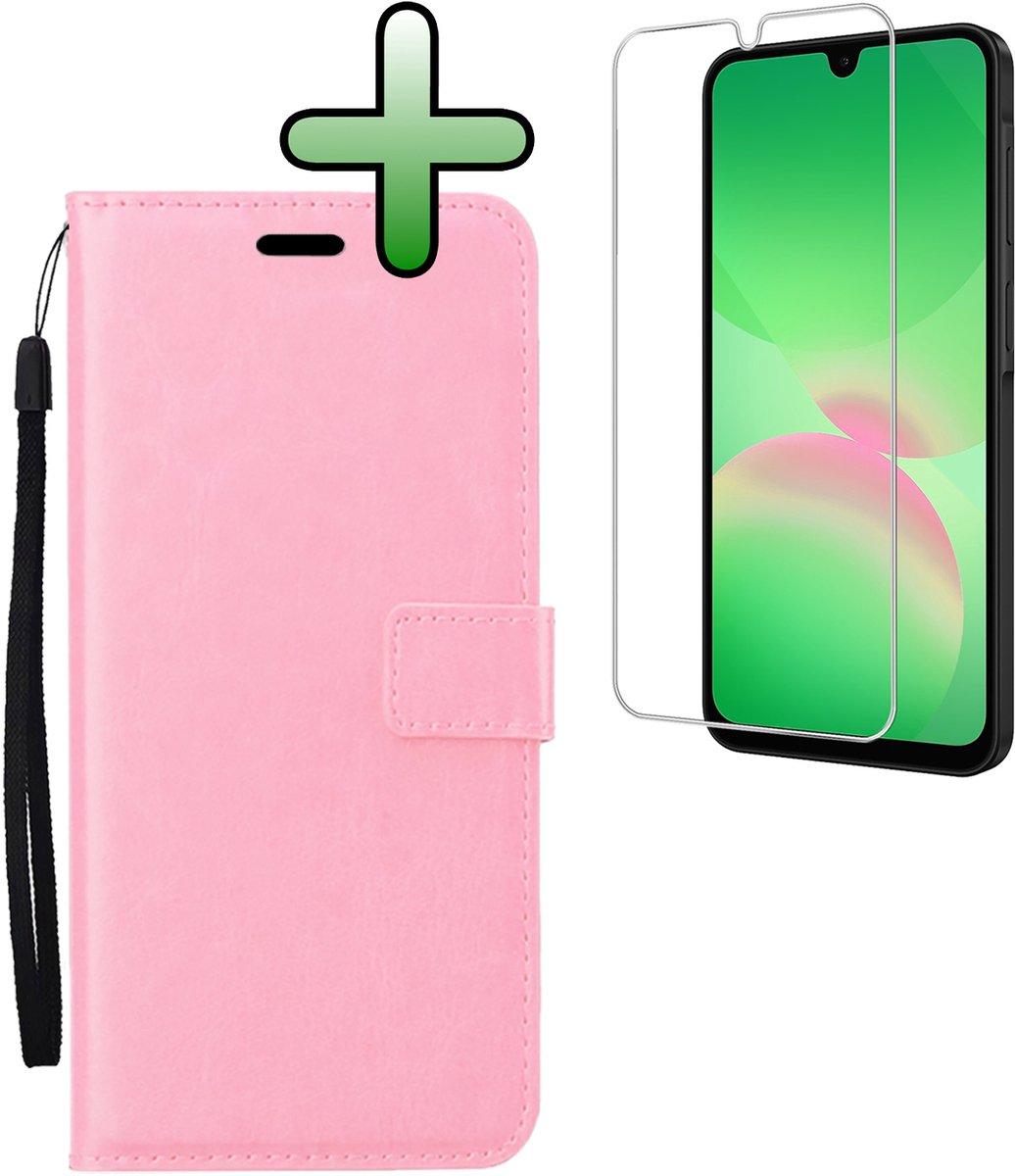 Hoesje Met Screenprotector - Geschikt voor Samsung Galaxy A26 - Luxe Pasjeshouder - Bookcase Portemonee - Flip Case - Kunstleer Book Case - Flipcase - Book Cover - Walletcase - Portemonneehoes - Lichtroze
