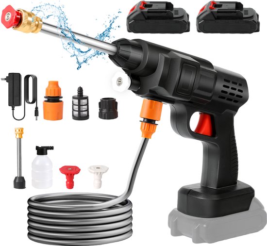 21V 200W Draadloze Hogedrukreiniger voor Auto, Fiets & Tuin - Binnen- en Buitenshuis Gebruik met 4 Mondstukken en Waterdichte Batterij