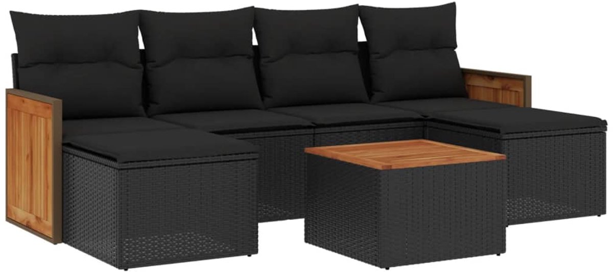 The Living Store 7-delige Loungeset met kussens poly rattan zwart - Loungebank - Lounge Set - Buitendecoratie - Tuinmeubels - Loungestoel