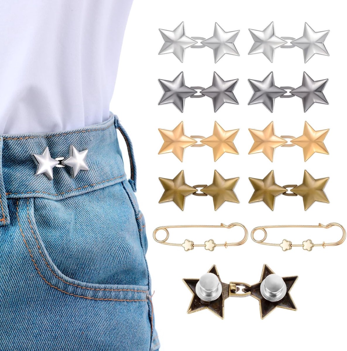 10 Sets Verstelbare Taille Verstevigingen met Metalen Ster en Bloem Broches voor Jeans en Broeken