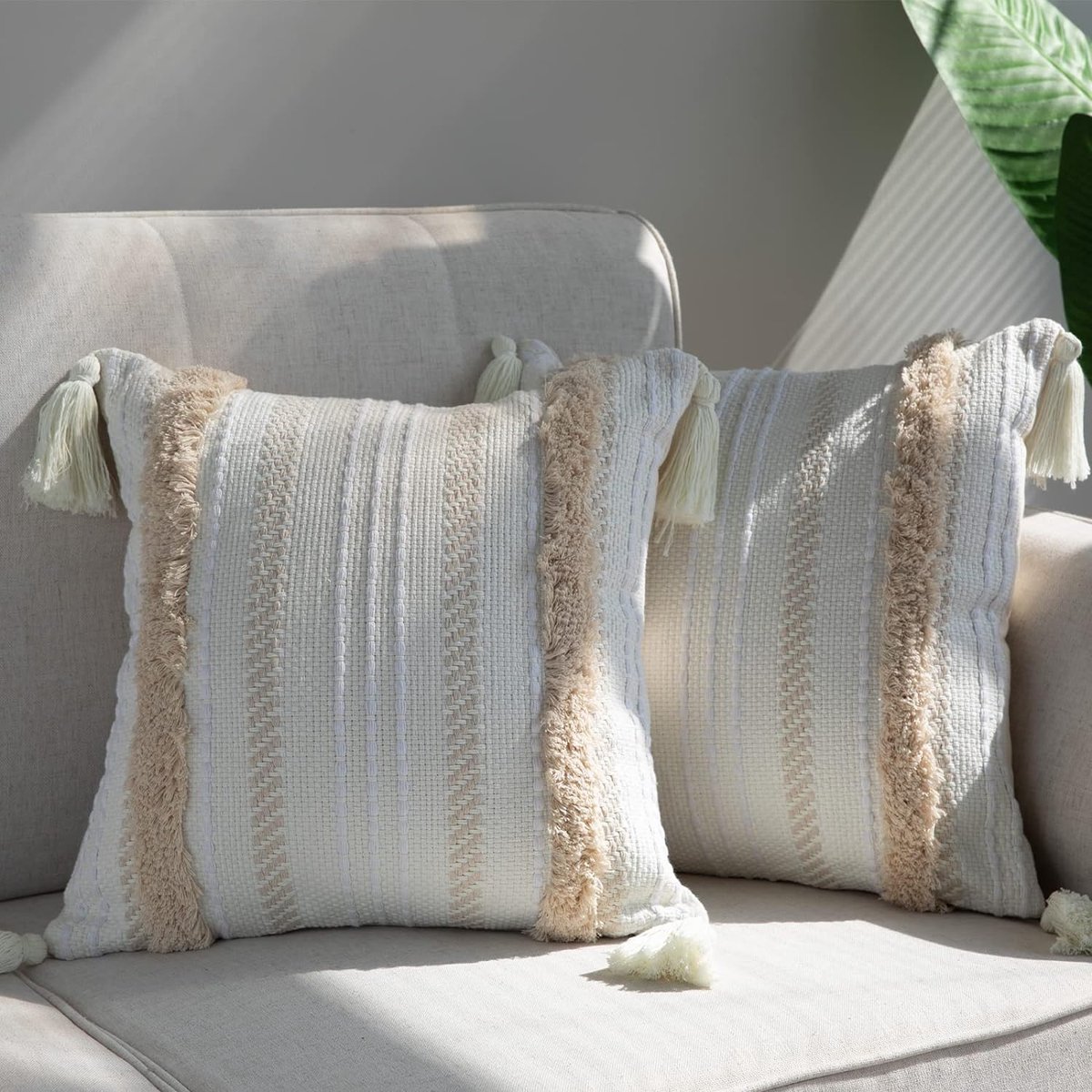 My Ninki ® Set van 2 Handgemaakte Boho Kussenslopen met Kwastjes voor Stijlvolle Interieurs en Tuindecoratie beige