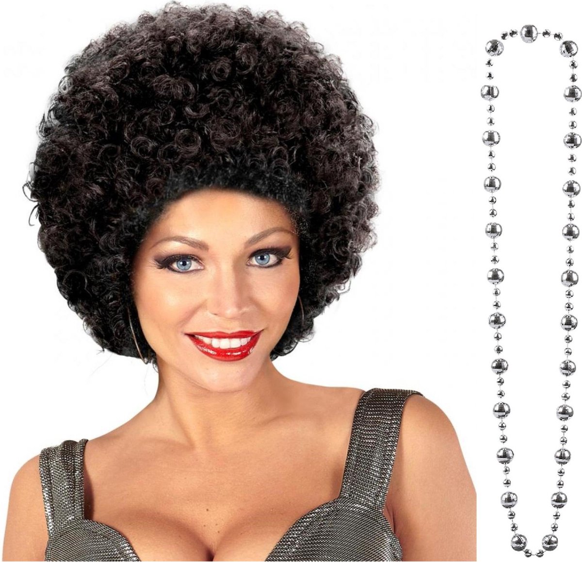 Atosa Carnaval verkleedset Seventies/disco danser - afropruik zwart / bollen ketting - heren/dames