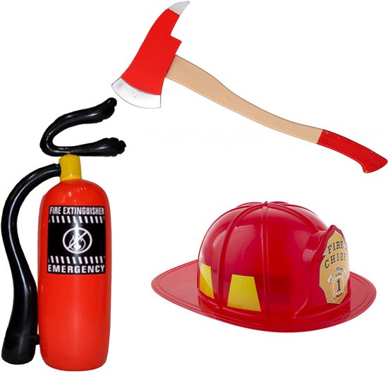 Brandweerman verkleed set - volwassenen - brandweerhelm - brandblusser - bijl van 61 cm - Carnaval accessoires