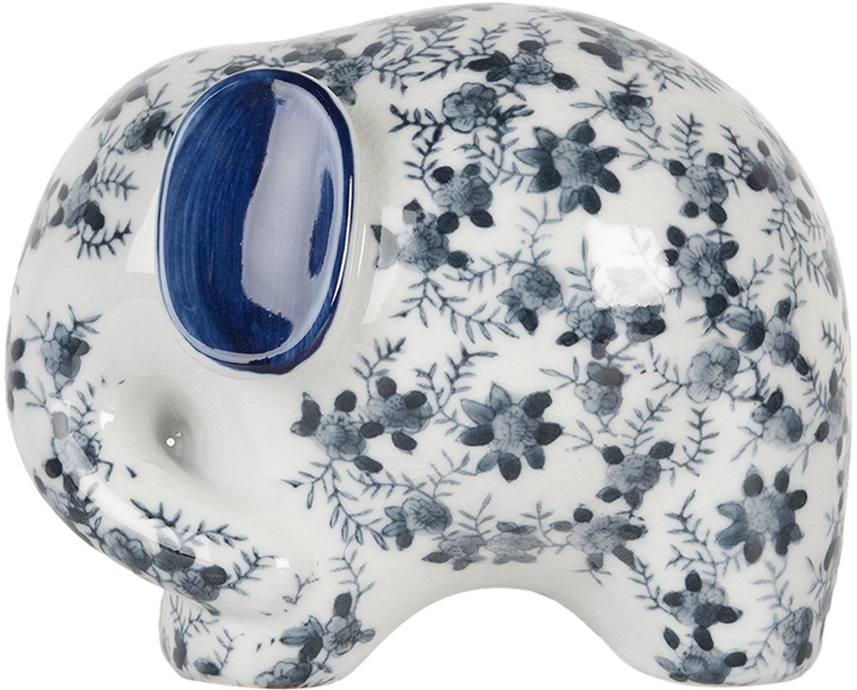 Decoratie Beeld Olifant 20x14x15 cm Wit Blauw Keramiek