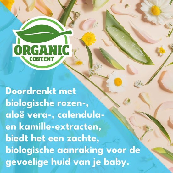 Bloemen en aloë vera stukken, met 'Organic Content' logo en tekst 'Doordrenkt met biologische rozen-, aloë vera-, calendula- en kamille-extracten'.