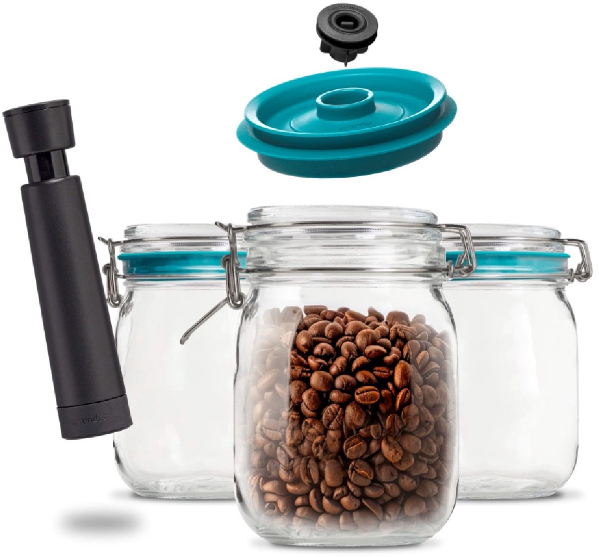 Airtender Vacuüm 1L Weckpotten | 3x Weckpot (1000 ML) | 3x Vacuümdeksel | Vacuümpomp | Plastic vrij tot 5x langer bewaren! | O.a. voor koffie, koekjes, groente, fruit ... | De meal prep oplossing! | Alternatief voor plastic bakjes! | Made in Holland