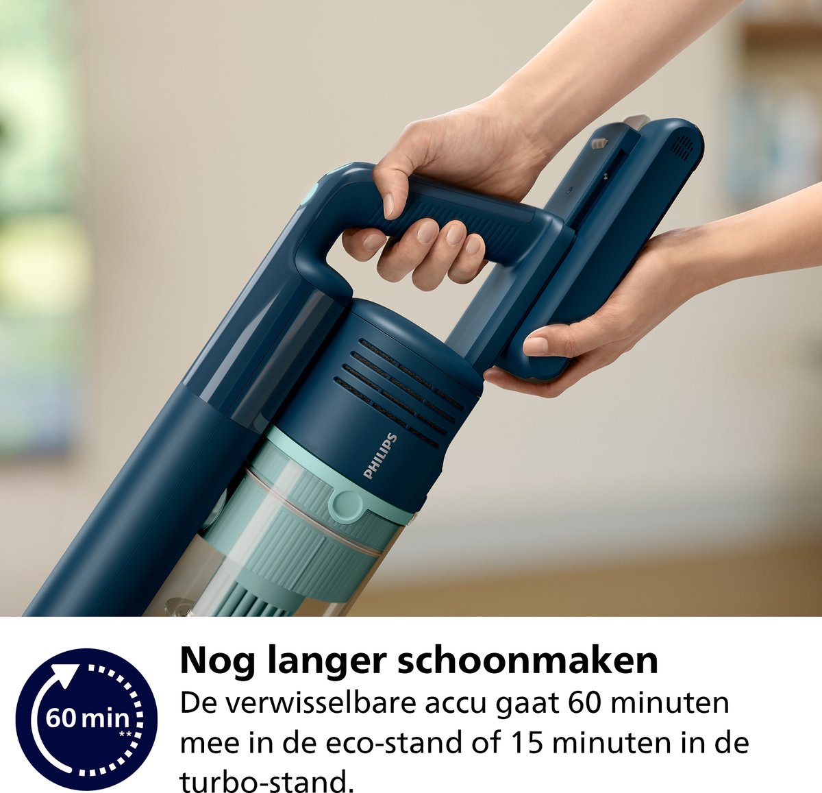 Philips Steelstofzuiger met Dweilfunctie XC5041/01 Aqua - Draadloos en Zonder Zak - Zuigmond met LED Verlichting - Kruimeldief - Batterijduur tot 60 min - Lichtgewicht - Blauw — afbeelding 7