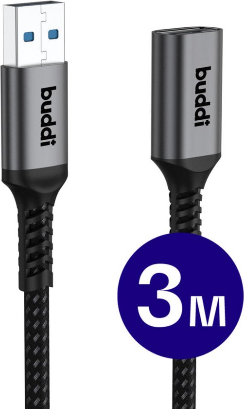 Buddi Flex | USB-A naar USB-A Verlengkabel | USB 3.0 | Female naar Male | Geschikt voor printers, telefoon, USB-sticks, harde schijven en meer | USB Verlengsnoer | Gevlochten Nylon | 3M | Zwart