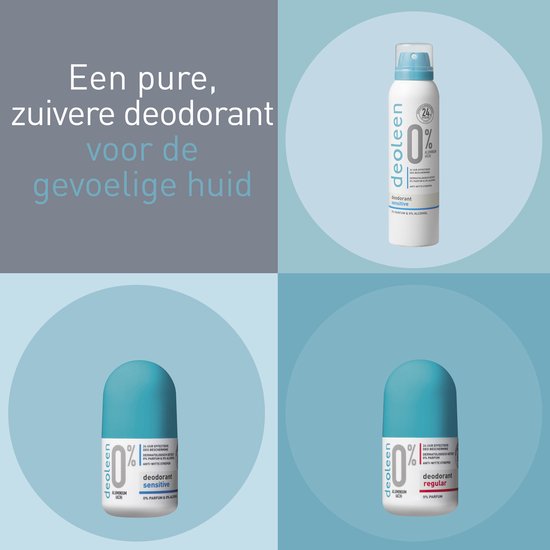 Deoleen 0% Aluminium - Deodorant Sensitive - 24 uur effectieve bescherming - 0% parfum & 0% alcohol - Dermatologisch getest - Anti-witte strepen - 150 ml