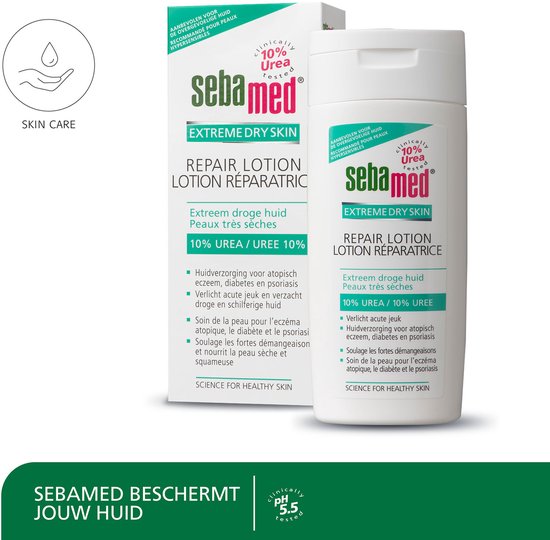 Sebamed Repair Lotion in een witte fles, met de tekst 'Extreme Dry Skin' en '10% Urea'. Naast de fles staat een doosje met dezelfde informatie.