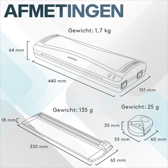 Afmetingen van het ACROPAQ lamineerapparaat, papiersnijder en hoeksnijder.