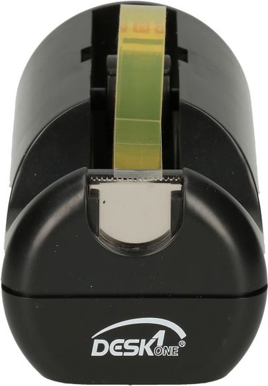 Vooraanzicht van een zwarte plakbanddispenser met een rol plakband en het 'DESK1' logo.