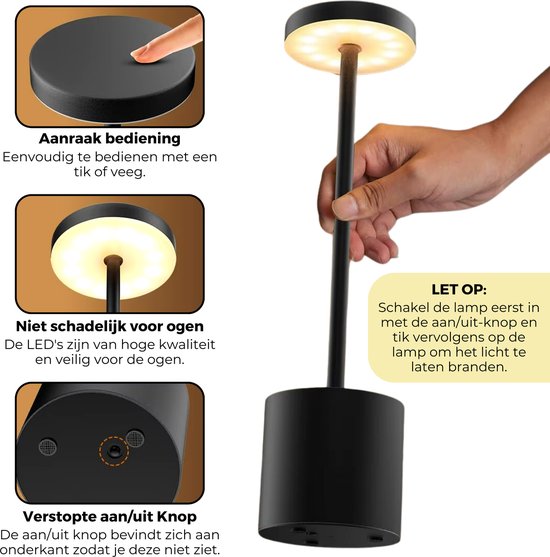 Boncy® Lampe de Table de Luxe Lampe de Bureau Rechargeable & Tactile - LED Dimmable avec 3 options de chaleur - Lampe de Bureau Industrielle Zwart Mat 35cm - Veilleuse Table Chambre Salon ou Lampe de Chevet - Adultes Bébé et Enfants - Lampes de table