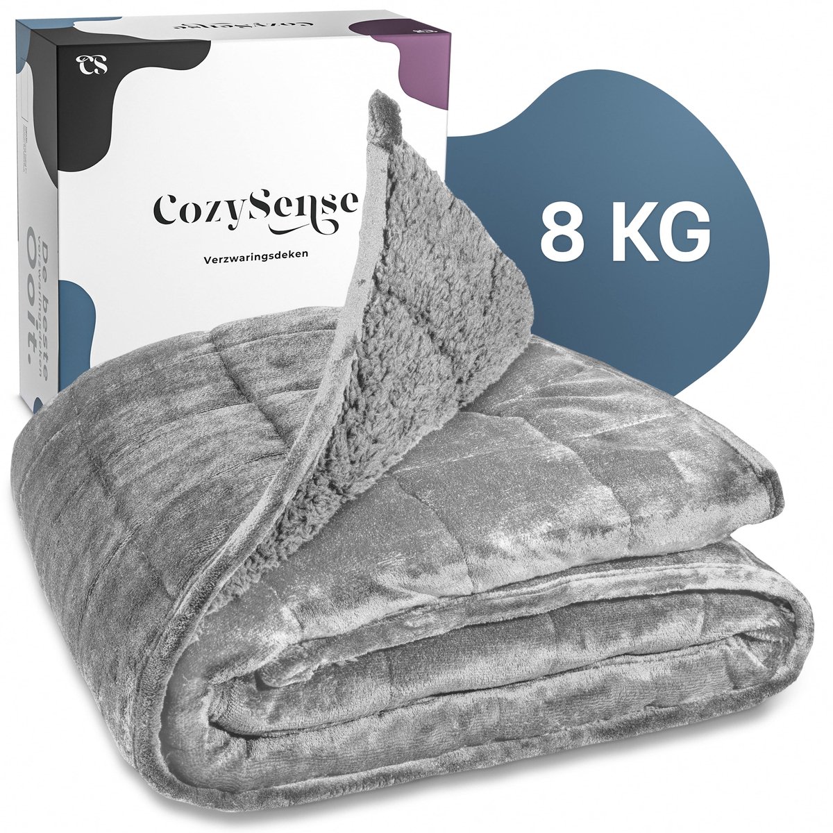 CozySense® Verzwaringsdeken 8 kg - Weighted Blanket - Zwaartedeken - GLASS-Flow® Drukverdeling - 135x200 - Flanelfluweel & Sherpa - Hypoallergeen - Grijs
