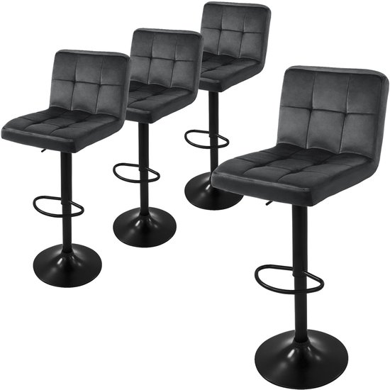ML- Lot de 4 tabourets de bar Design , revêtement velours, gris, avec dossier et repose-pieds, tabouret de comptoir réglable en hauteur 63-83 cm, rotatif à 360°, tabouret de bistro tabouret de bar pivotant chaises de bar