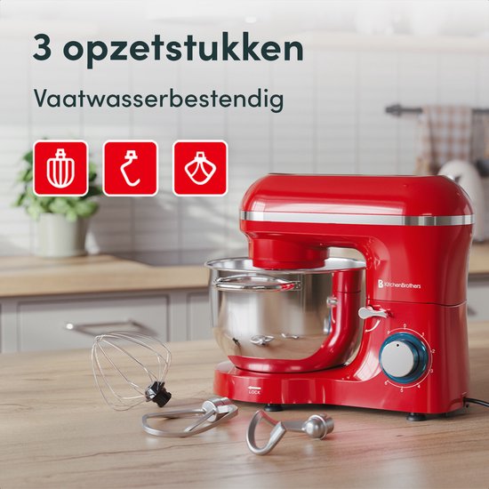 Rode KitchenBrothers keukenmachine met 3 opzetstukken: garde, deeghaak en platte menghaak. Vaatwasserbestendig.
