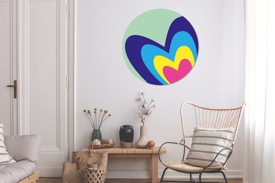 WallCircle - Wandcirkel - Muurcirkel - Hartjes - Kleurrijk - Valentijn - Aluminium - Dibond - 90x90 cm - Binnen en Buiten