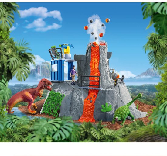 Speelgoed vulkaan met T-Rex, Ankylosaurus, wetenschapper en blauw containerstation.