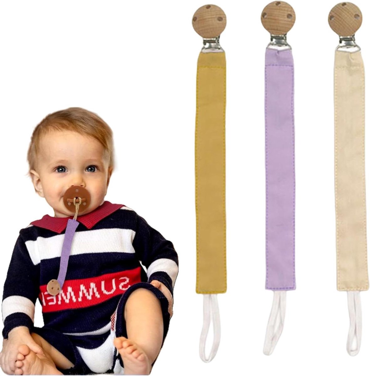 Image of 3 stuks stoffen fopspeenketting van katoen met houten clip voor jongens en meisjes - dummy chain voor baby met bijtring (paars beige geel)