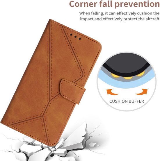 Bruin telefoonhoesje met stikseldetails, getoond met een"Cushion Buffer" illustratie die hoekbescherming aangeeft.