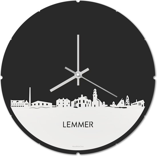 Skyline Klok Rond Lemmer Wit Glanzend - Ø 44 cm - Stil uurwerk - Wanddecoratie - Meer steden beschikbaar - Woonkamer idee - Woondecoratie - City Art - Steden kunst - Cadeau voor hem - Cadeau voor haar - Jubileum - Trouwerij - Housewarming -