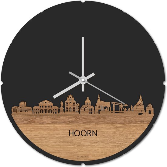 Skyline Klok Rond Hoorn Eikenhout - Ø 44 cm - Stil uurwerk - Wanddecoratie - Meer steden beschikbaar - Woonkamer idee - Woondecoratie - City Art - Steden kunst - Cadeau voor hem - Cadeau voor haar - Jubileum - Trouwerij - Housewarming -