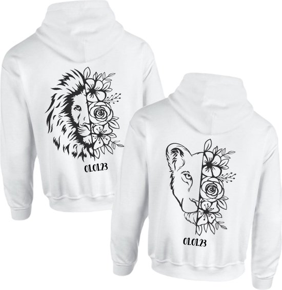 Foto: Hoodie set koppel leeuw leeuwin met datum wit maat xl