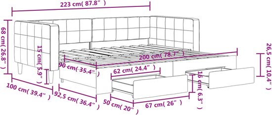 Technische tekening van een roze slaapbank met afmetingen in cm en inches.