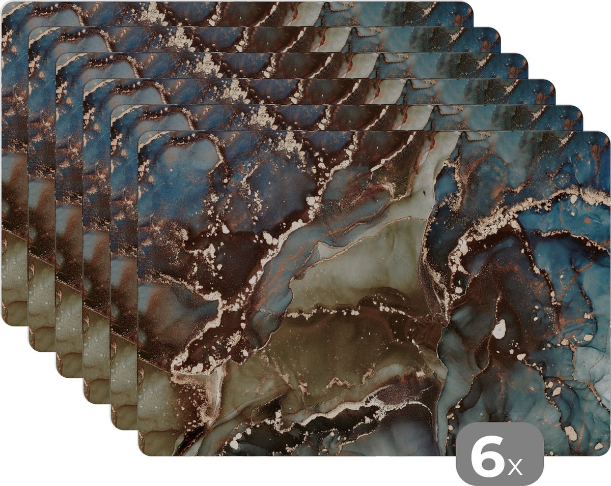 Placemats - Marmer - Groen - Goud - Onderleggers placemat - 45x30 cm - 6 stuks