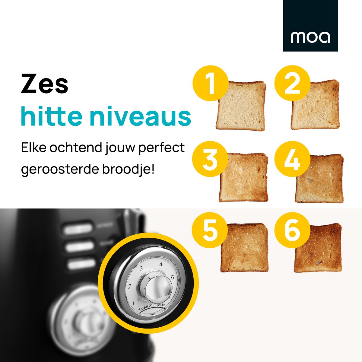 MOA Retro Broodroaster - Toaster voor 4 Sneden - Extra Brede Sleuven - 6 Warmteniveaus - BPA Vrij - 1500W - Zwart thumbnail 3