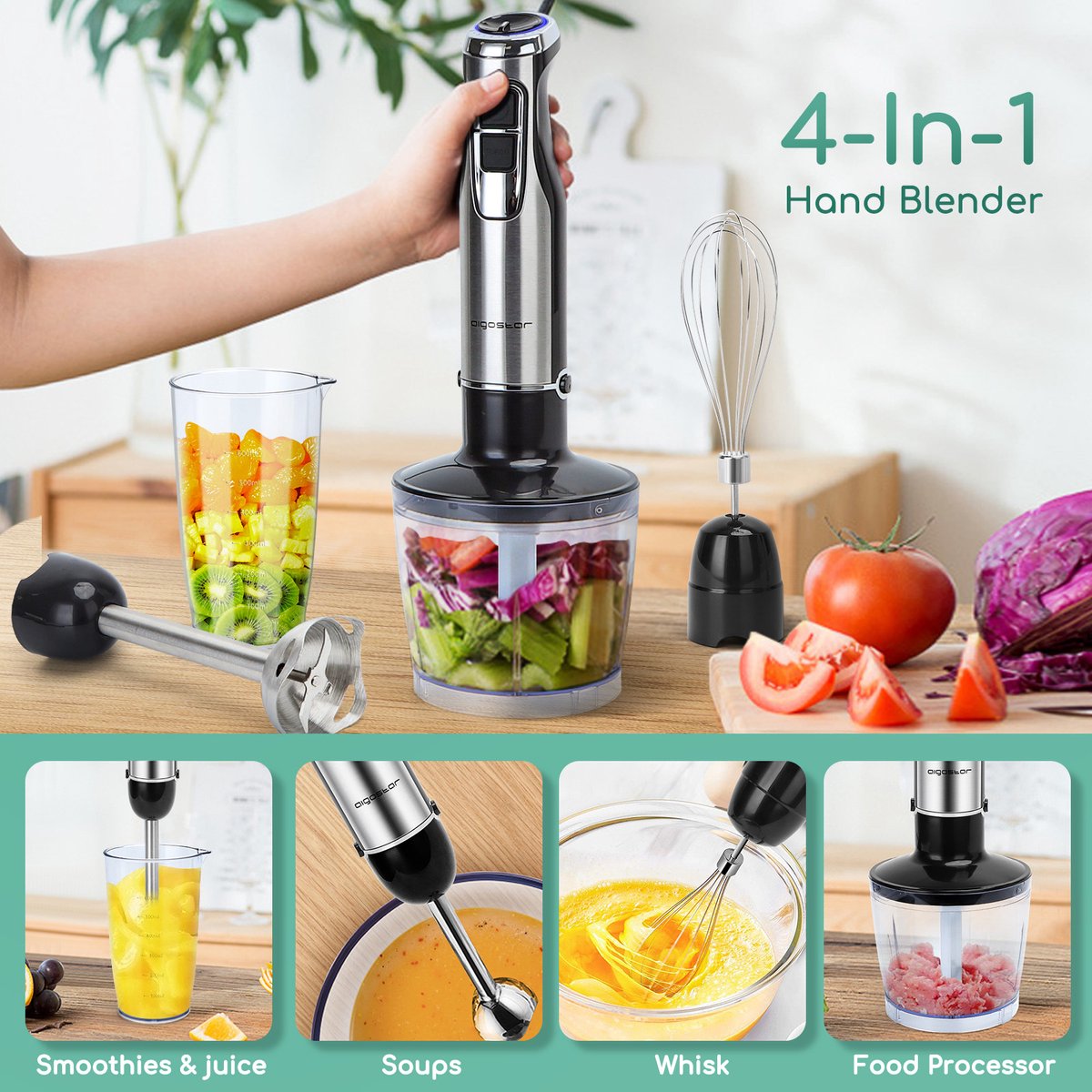 Aigostar Staafmixer - 4 in 1 Staafmixer set - Incl Hakmolen, Maatbeker en Garde/Klopper - 1000W - RVS – foto 6