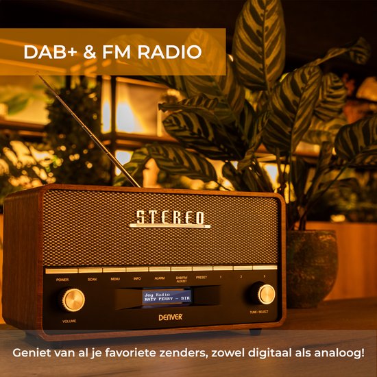 Denver retro radio met houten frame, DAB+ & FM radio. "Geniet van al je favoriete zenders, zowel digitaal als analoog!".
