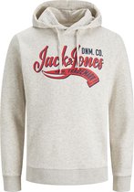 JACK & JONES Logo sweat hood regular fit - heren hoodie katoenmengsel met capuchon - wit melange - Maat: S