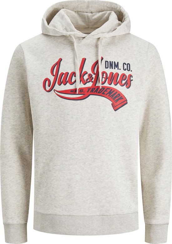 JACK & JONES Logo sweat hood regular fit - heren hoodie katoenmengsel met capuchon - wit melange - Maat: S