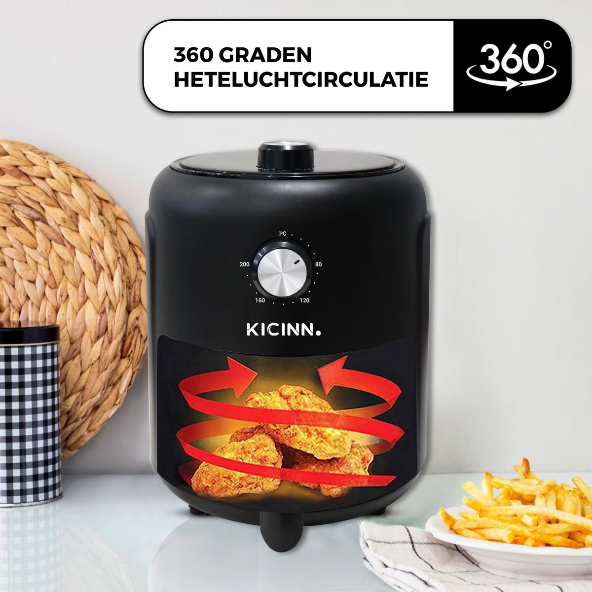 Kicinn Airfryer - Airfryer XL - Hetelucht friteuse - 3 Liter - 1000 Watt - Zwart — afbeelding 4