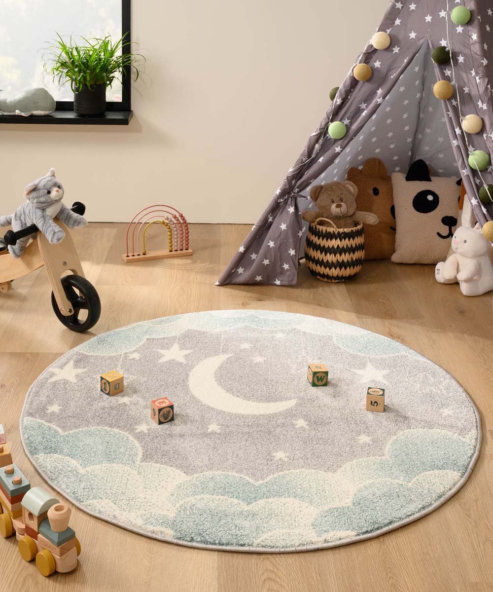 Cloudy - tapis enfant rond à motifs nuages - bleu 120 x 120 cm