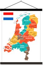 Posterhanger incl. Poster 120x160 cm - Schoolplaat - Kleurrijke kaart van Nederland - Textielposter - Zwarte latten