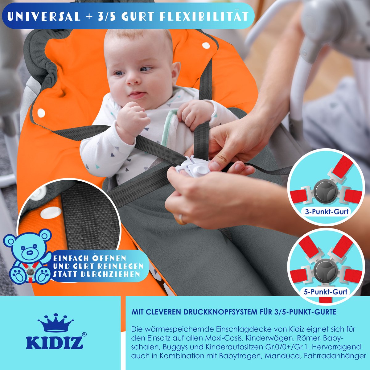 KIDIZ® Baby Slaapzak voor Buggy Voetenzak voor Autostoeltje & Wandelwagen Babyschaal, voor Winter met Kap + Babyslaapzak Deken voor Maxi-Cosi & Kinderwagen alle Gordelsystemen 3 & 5-Puntsgordel - Antraciet / Oranje – foto 5