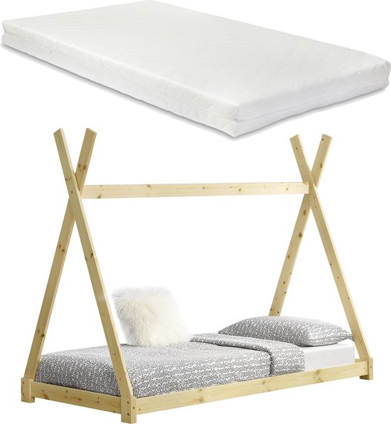 Kinderbed Gareth - Tipi - Met bedbodem en matras - 90x200cm - Houtkleurig - Jongensbed - Meisjesbed - Modern Design