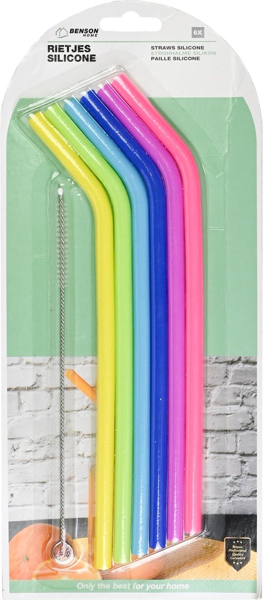 Benson Herbruikbare siliconen rietjes set - kleurrijk - met schoonmaakborstel - 6 stuks - 21 cm — cadeau in Koken & Dineren - foto 3