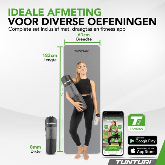Tunturi Yoga Mat 8mm - Pilates mat - Extra dikke fitness mat - 183x61x0,8 cm - Incl Draagtas - Ecologisch materiaal - Eenvoudig te reinigen - Grijs van Tunturi — afbeelding 2