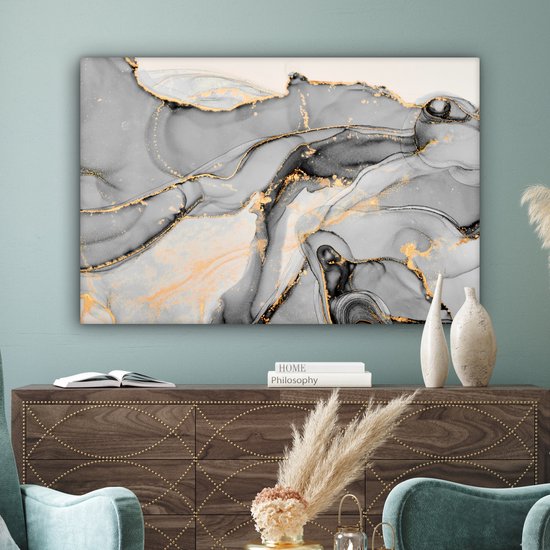 Toile Peinture Marbre - Goud - Grijs - 140x90 cm - Décoration murale