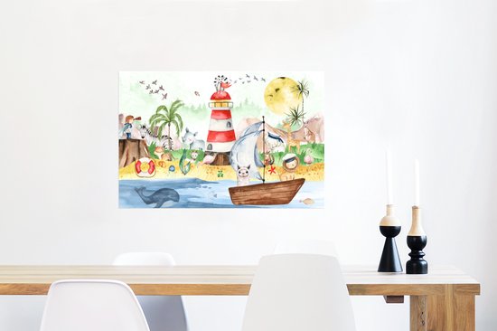 Poster kinderen - Wanddecoratie jongens - Strand - Dieren - Kinderen - Vuurtoren - Poster kinderkamer - 90x60 cm - Decoratie kinderkamers - Kinderkamer decoratie - Poster Babykamer — afbeelding 5