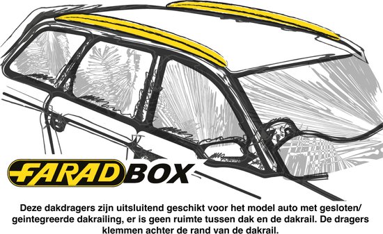Schematische tekening van een auto met gesloten dakreling, waar gele dakdragers op gemonteerd zijn.