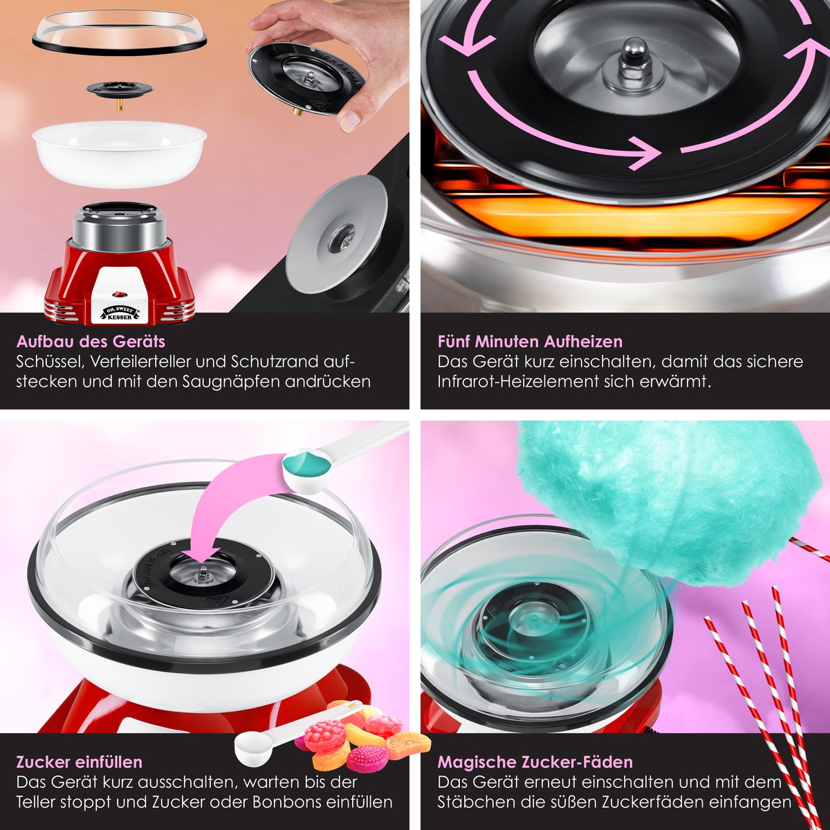 Kesser Suikerspinmachine Set Voor Thuis - Met 30x Su Maatschep   Retro Suikerspinmachine   Suikerspinmachine Met Accessoires   Hoogte 22 Cm   500 W   Roze Wit 1055384197