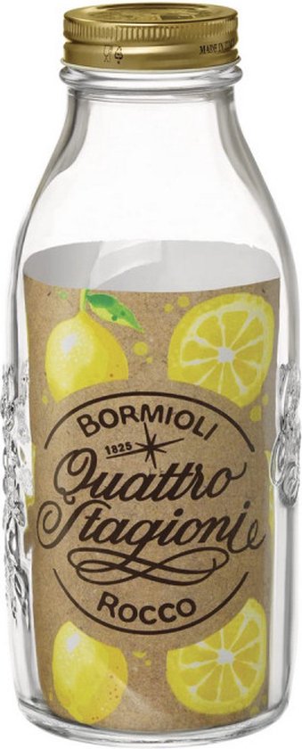 Bouteille en verre avec une étiquette de citrons, avec un bouchon à vis doré.